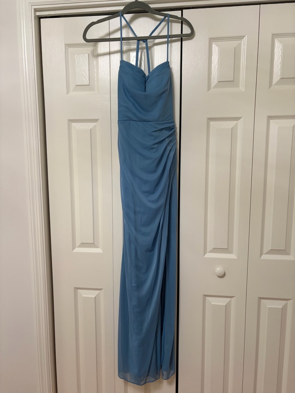 Azazie Steel Blue Floor-Length Spaghetti Strap Bridesmaid Dress